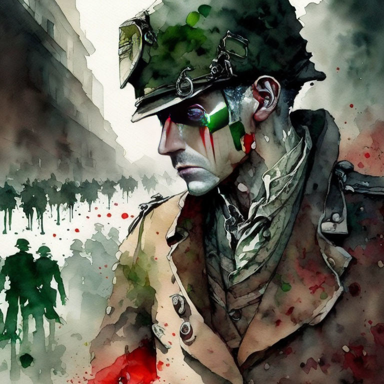 Soldier with Reflective Goggles in Somber Watercolor Portrait