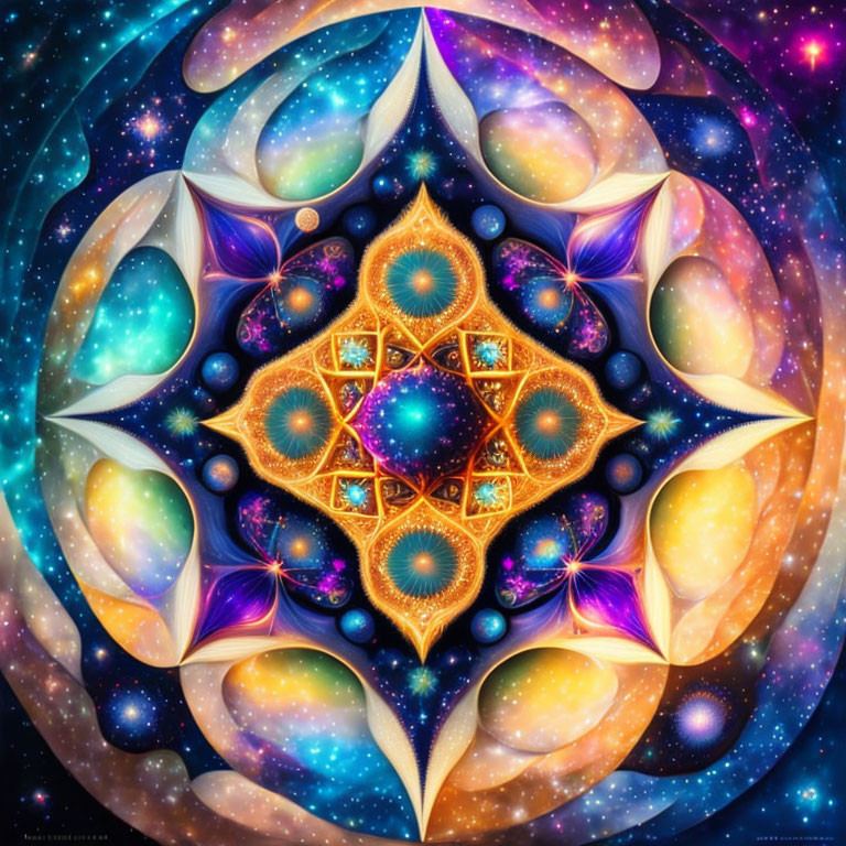 Symmetrical digital artwork with colorful circles and cosmic fractal pattern