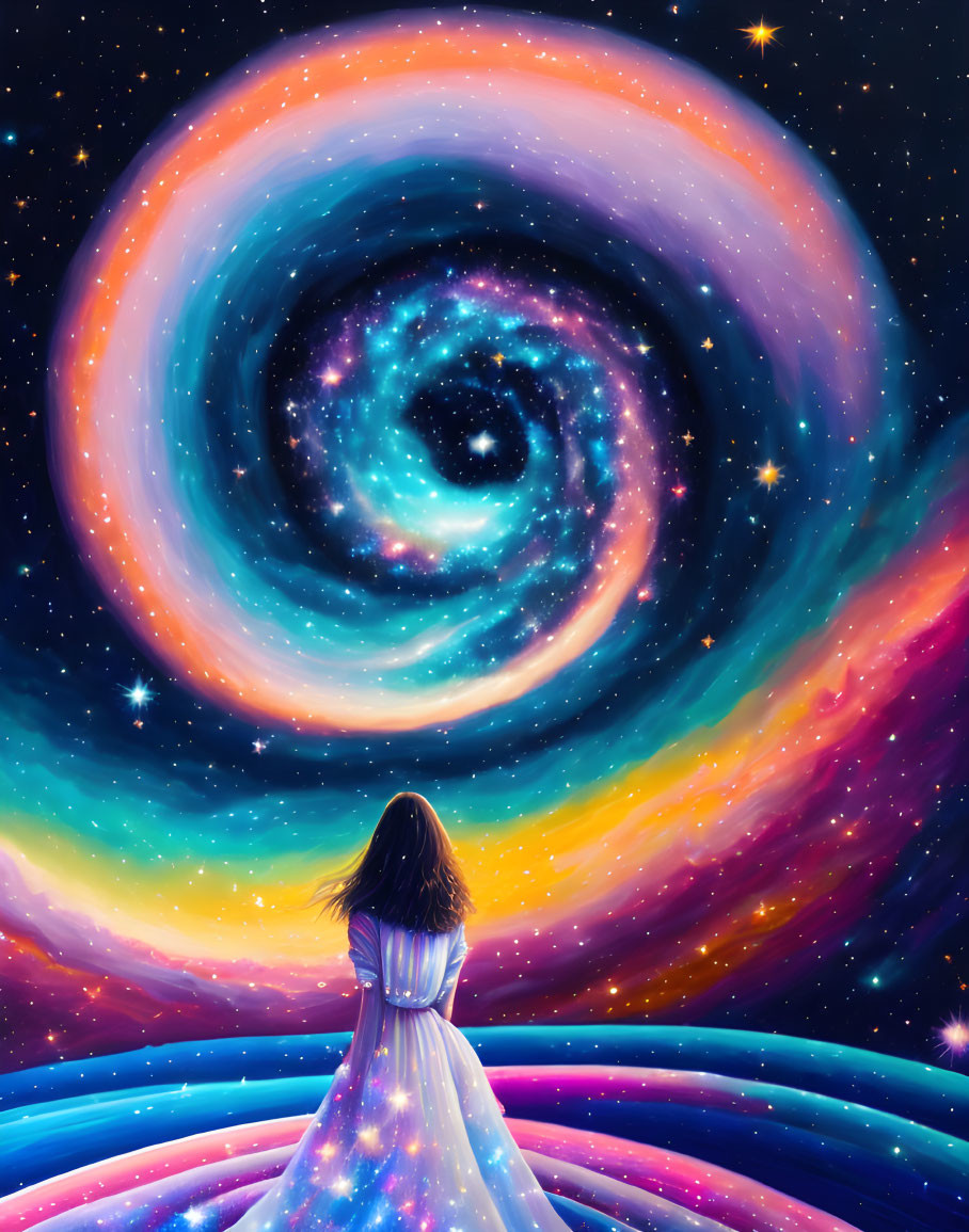 Person in Galaxy-Themed Dress Surrounded by Swirling Cosmos