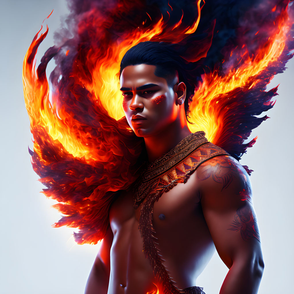 Digital artwork featuring man with tribal tattoos and fiery phoenix wing