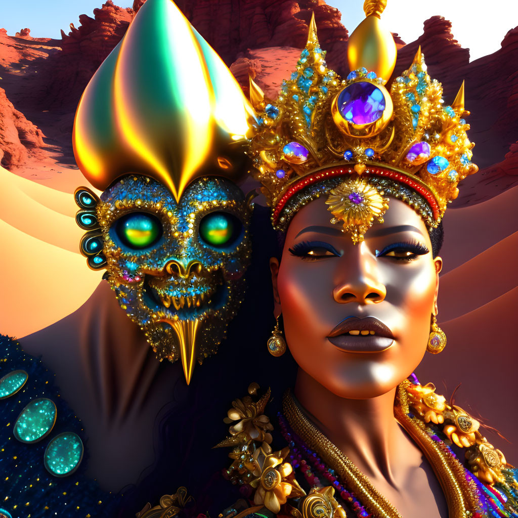 Striking makeup and ornate headgear beside surreal blue figure with golden mask in desert setting