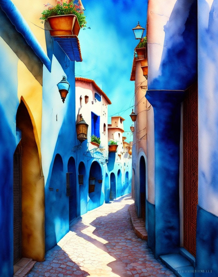 Picturesque narrow alley with blue walls, arched doorways, and hanging plants under sunlight and cob