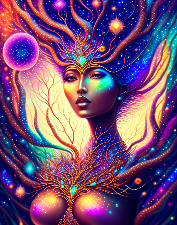 Colorful cosmic woman surrounded by swirling galaxy and tree-like features