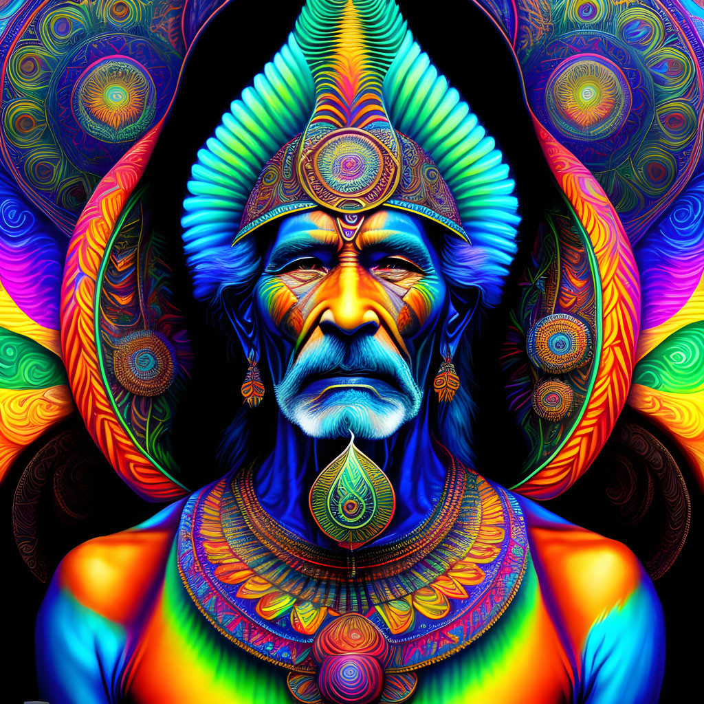 Colorful Digital Art: Indigenous Person in Headdress on Psychedelic Background