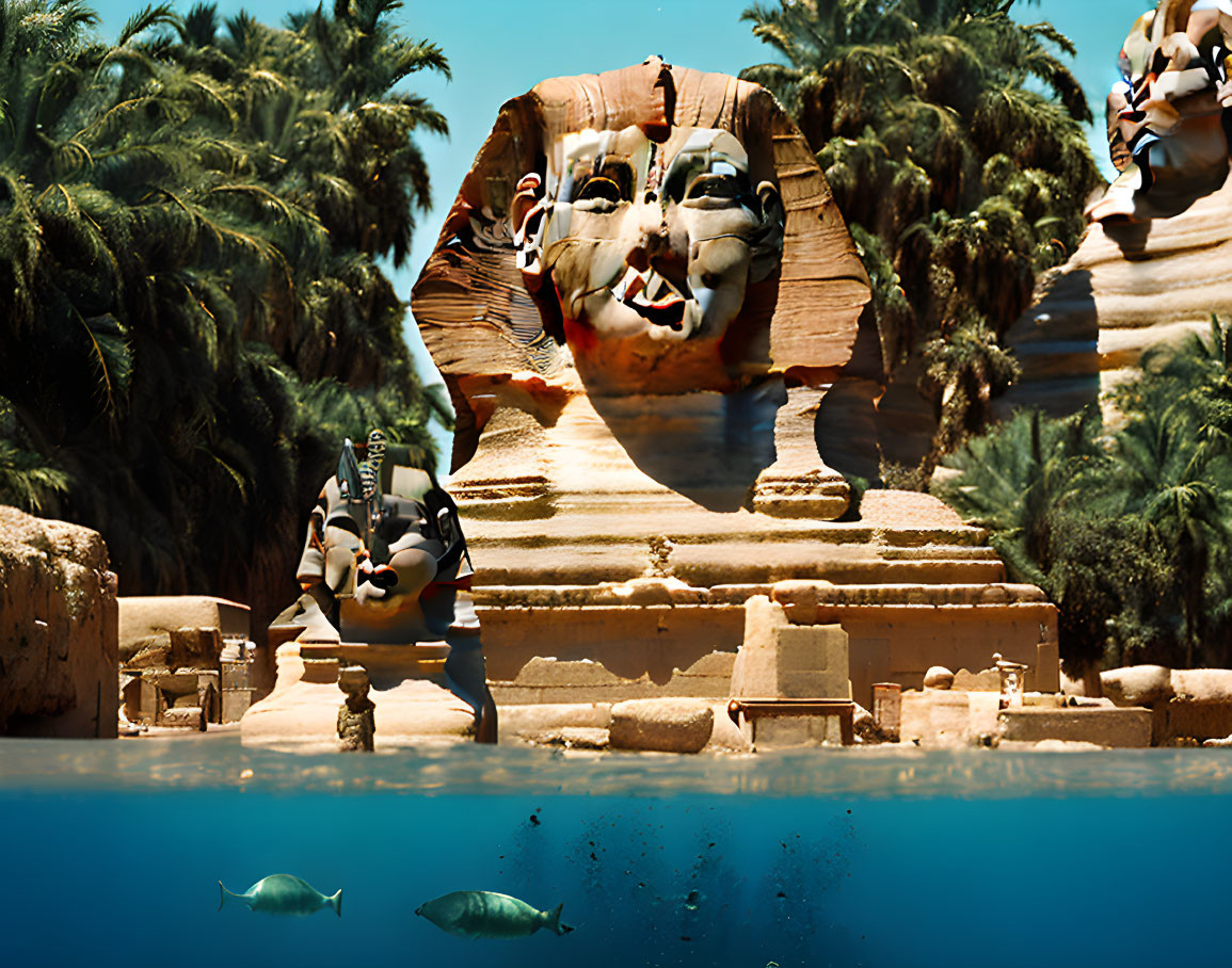 Surreal image: Great Sphinx of Giza with fractured face above water