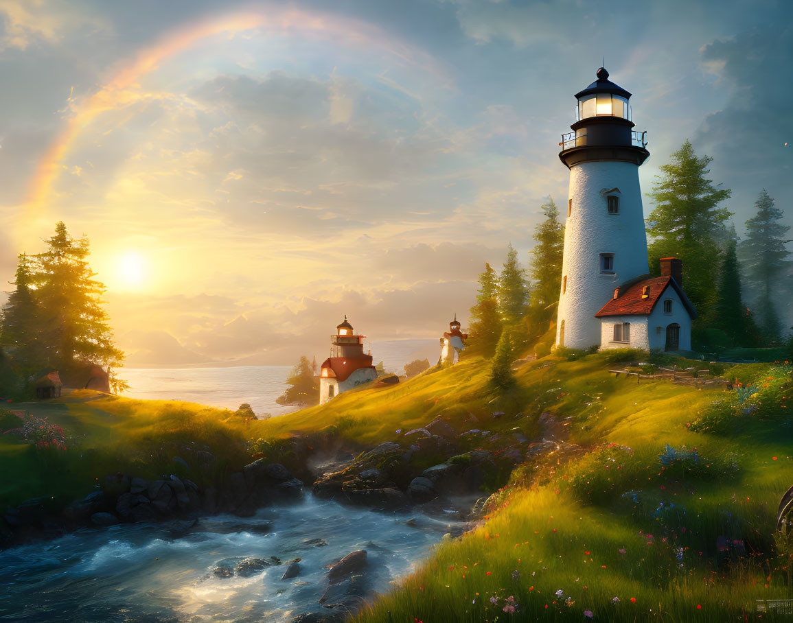 Lighthouse overlooking sea with rainbow, sunset, and stream