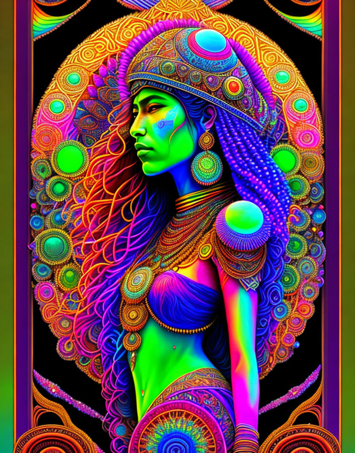 Colorful digital artwork of woman with intricate patterns & psychedelic aesthetic