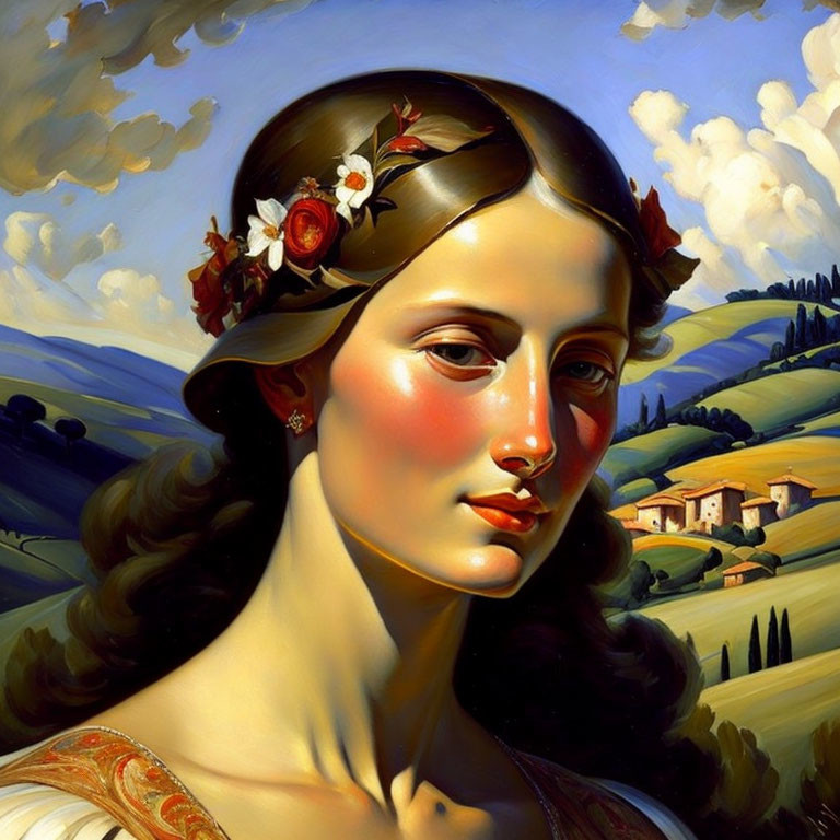 Portrait of Woman with Laurel and Flowers in Hair in Front of Tuscan Landscape