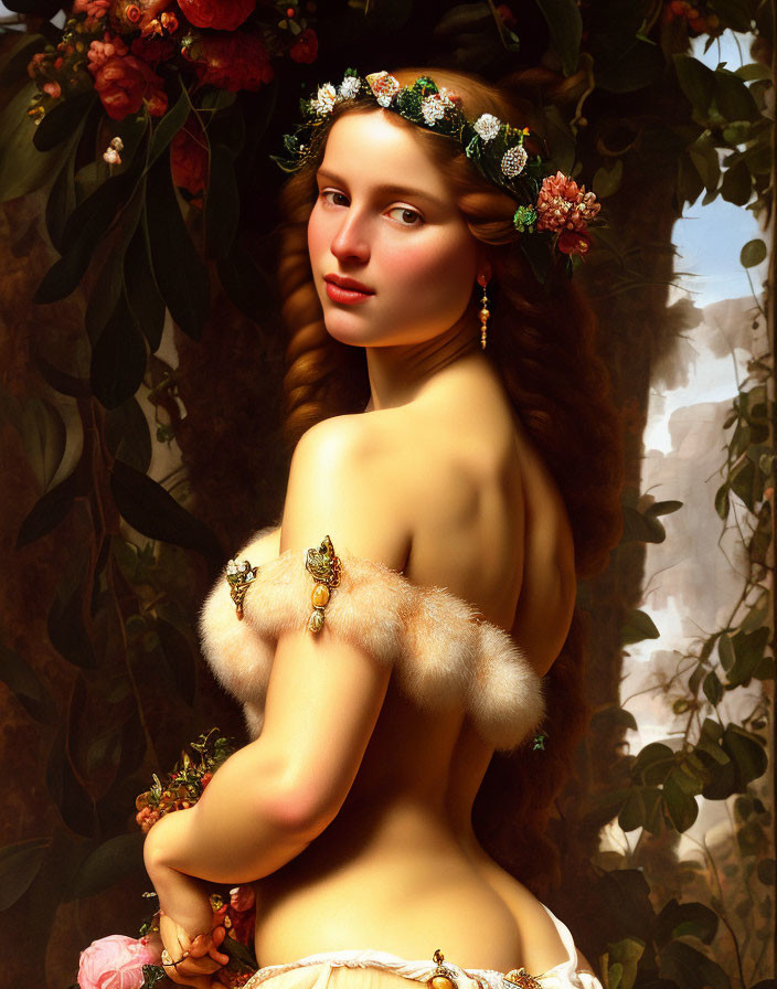 Classical portrait of woman with floral headpiece and fur stole in nature setting