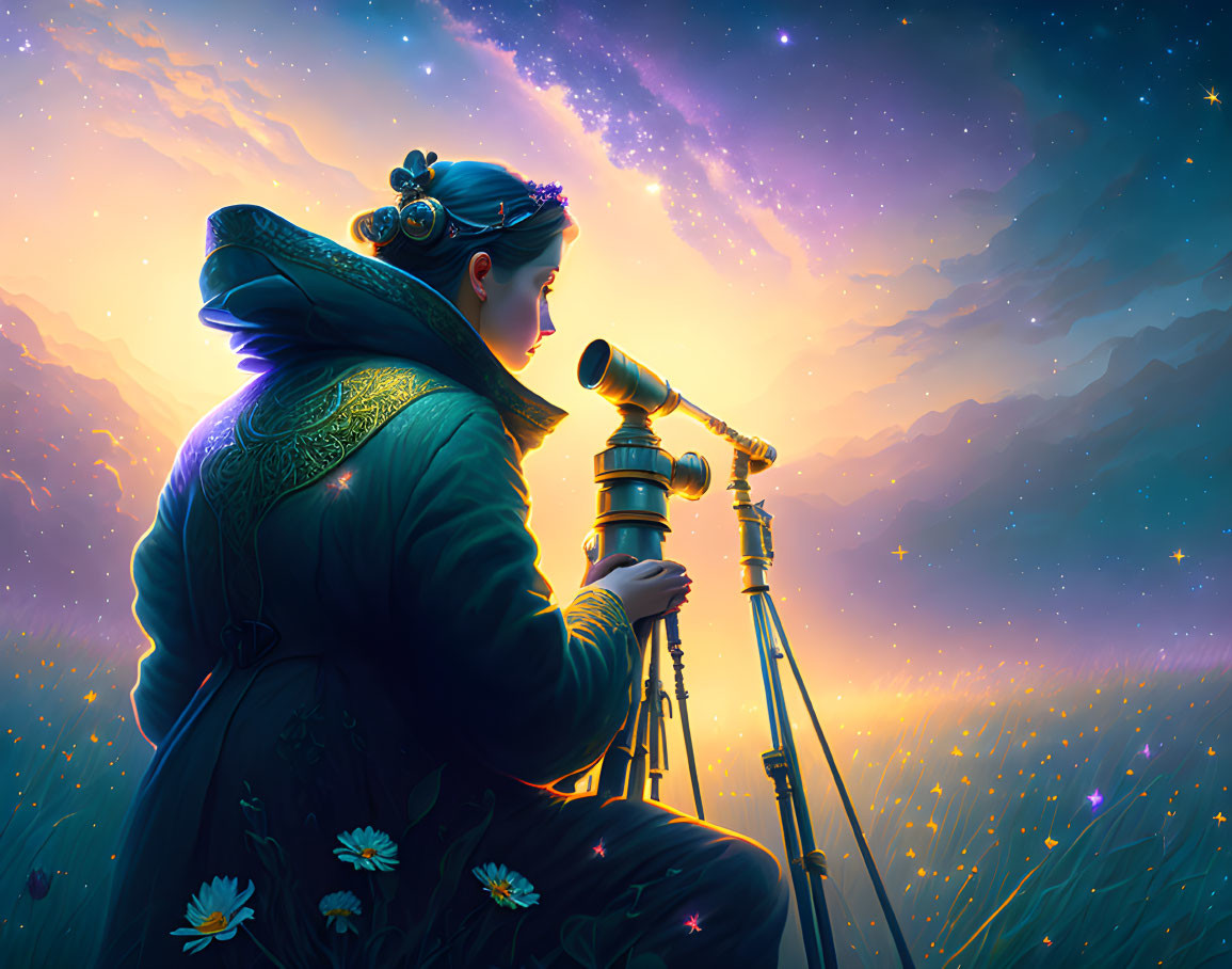 Traditional attire figure stargazing under twilight sky with mountains and flowers