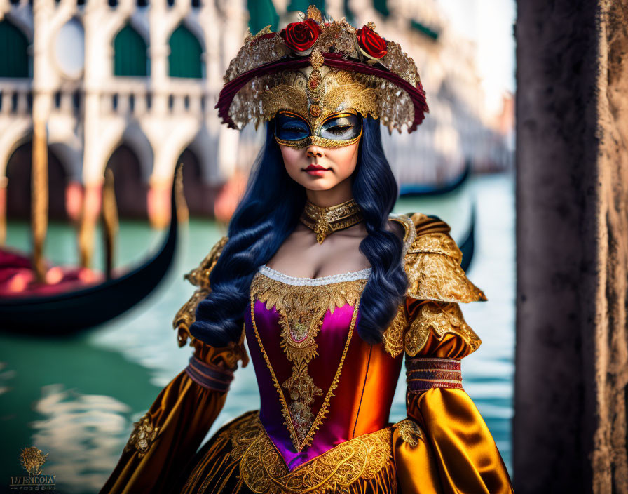 Elaborate Venetian mask and costume with gold accents by canal.
