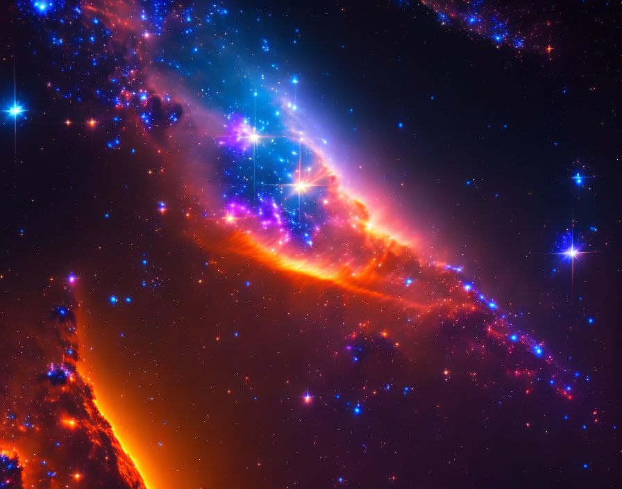 Vibrant space image of blue and orange galaxy with stars and gas clouds