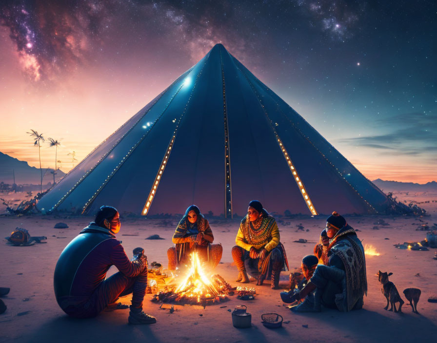 Group in desert attire around campfire near futuristic pyramid at night.
