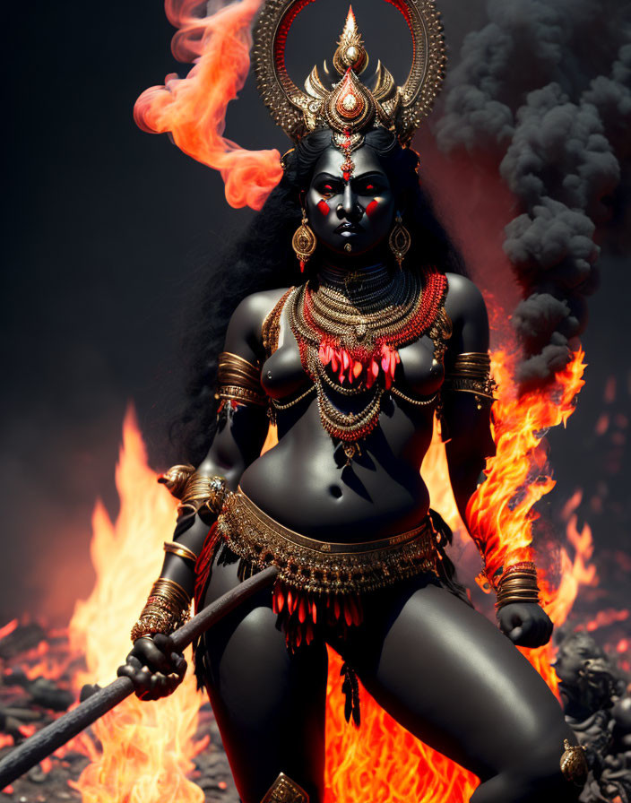 Blue-skinned female figure with multiple arms in red and gold attire surrounded by flames