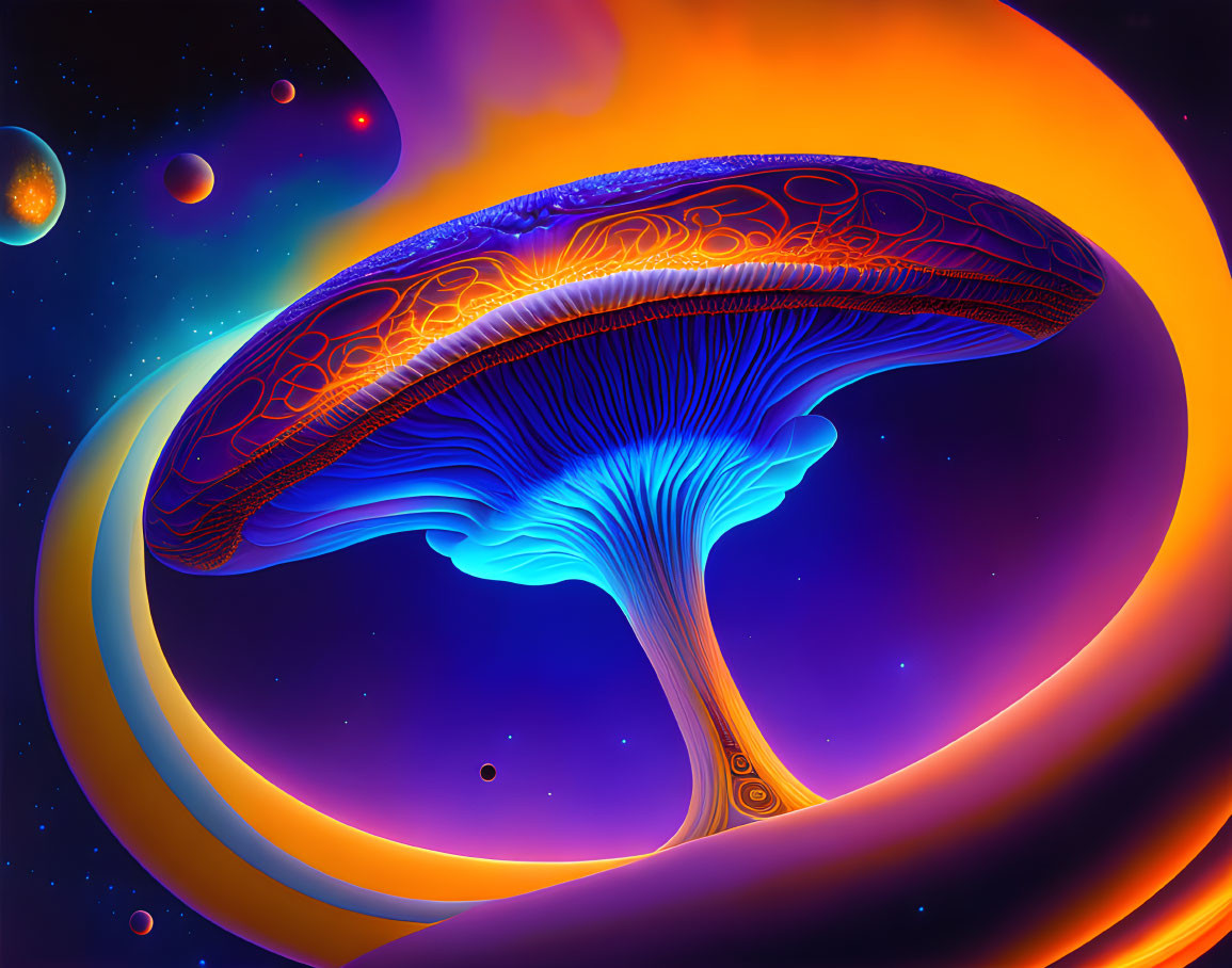 Colorful digital artwork: Neon-blue and orange glowing mushroom in cosmic setting