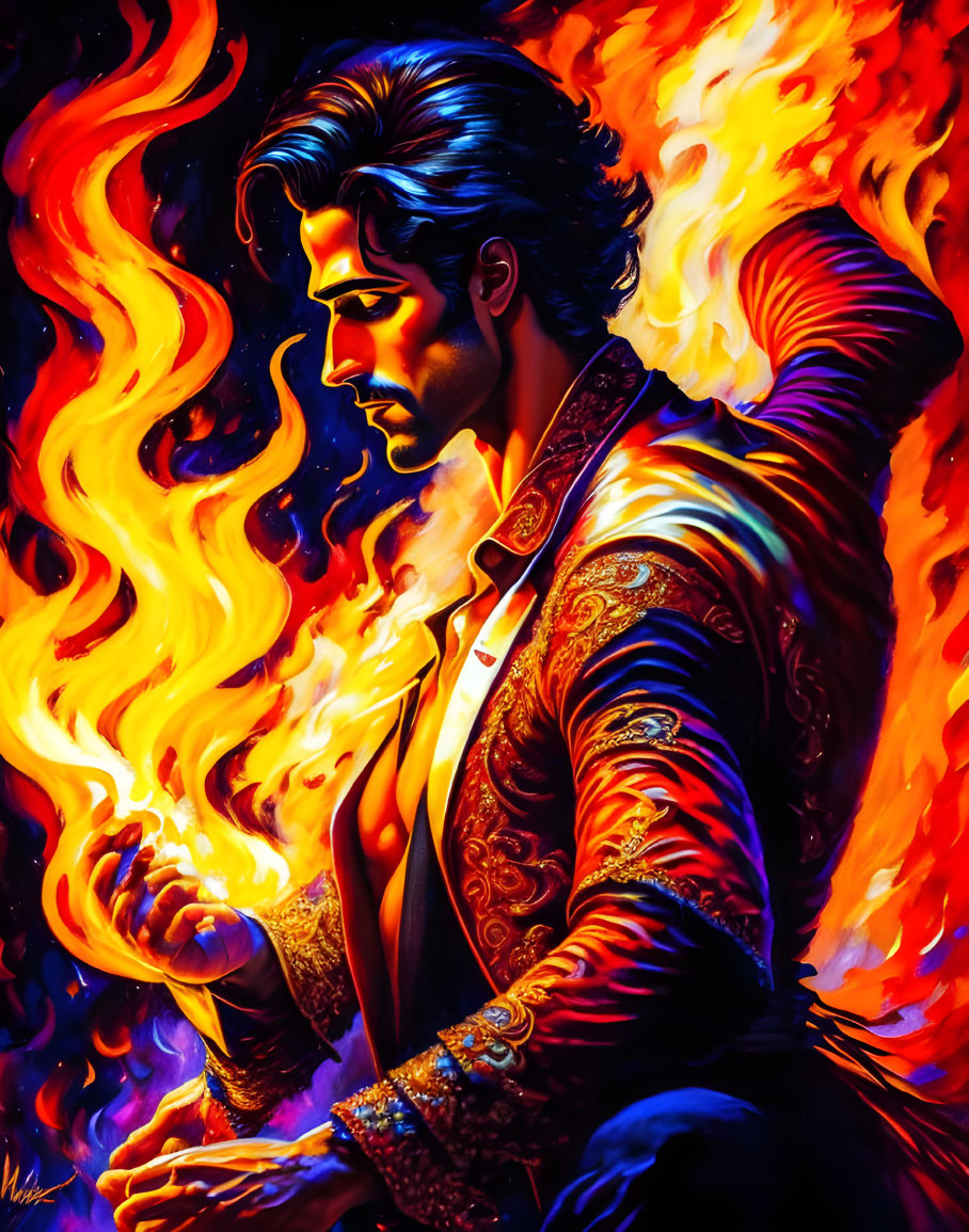 Illustration of man with slicked-back hair in fiery setting.