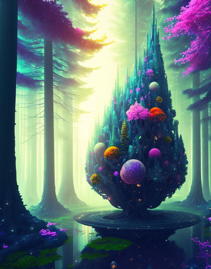 Ethereal forest with vibrant alien flora under soft glow