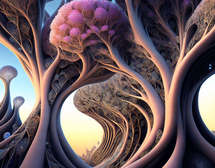 Surreal fractal landscape with tree-like structures and pink coral formation