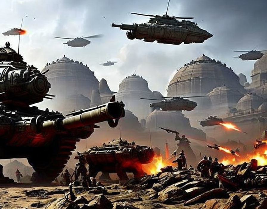 Futuristic battlefield with tanks, flying vehicles, explosions, ruins, and dusky sky.