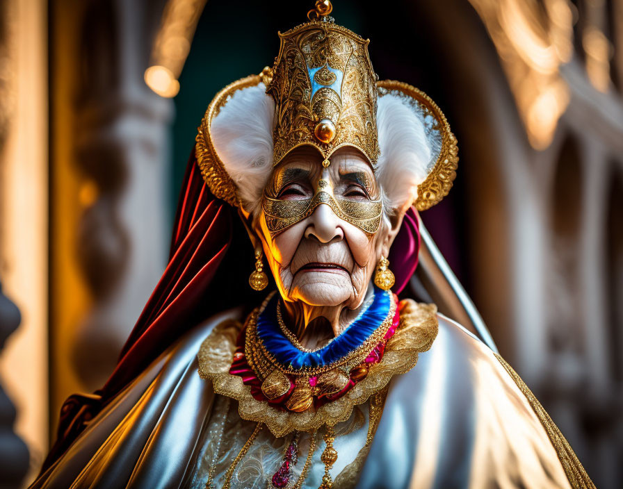 Person in ornate costume with golden mask at Venetian carnival