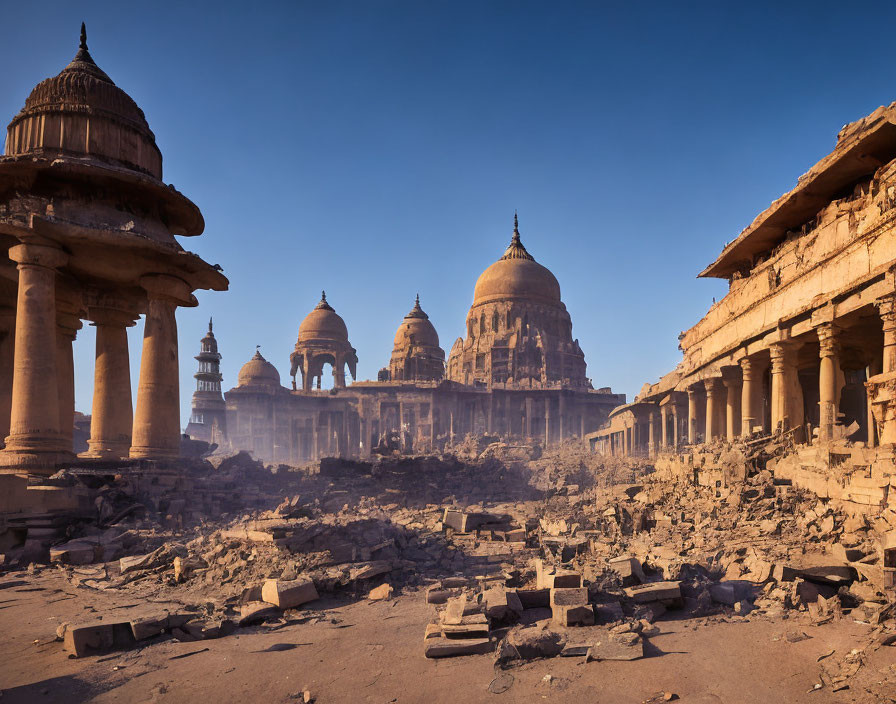 Ancient temple ruins with domed structures and scattered debris under clear blue sky