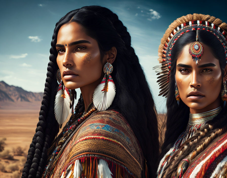 Native American women in traditional attire with beadwork and feathers in desert.