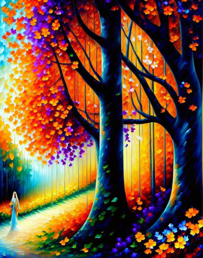 Colorful forest painting with lone figure and flowers