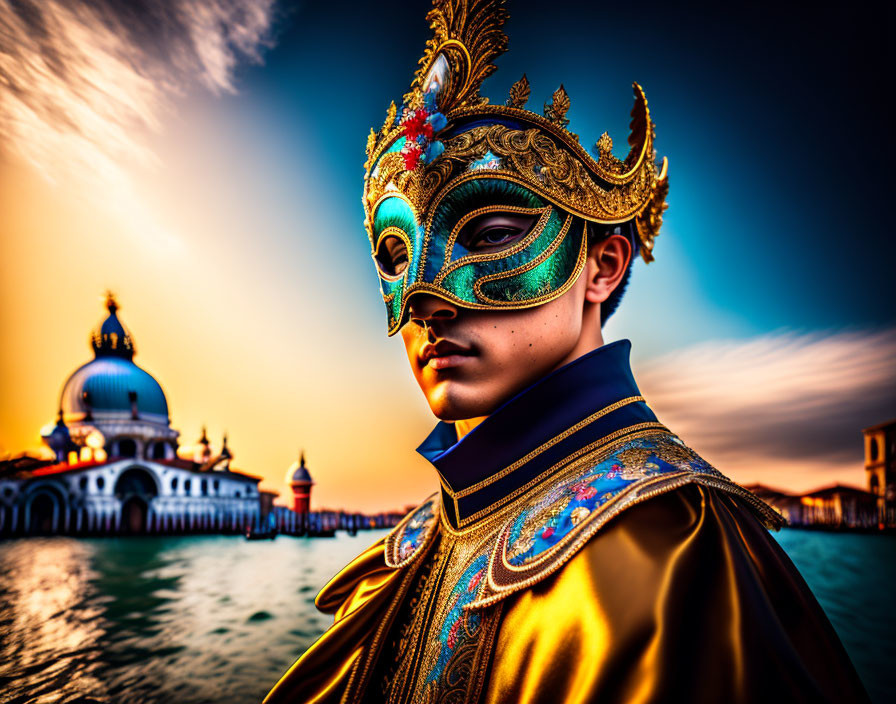 Intricate Gold and Blue Masquerade Mask Against Sunset Waterway