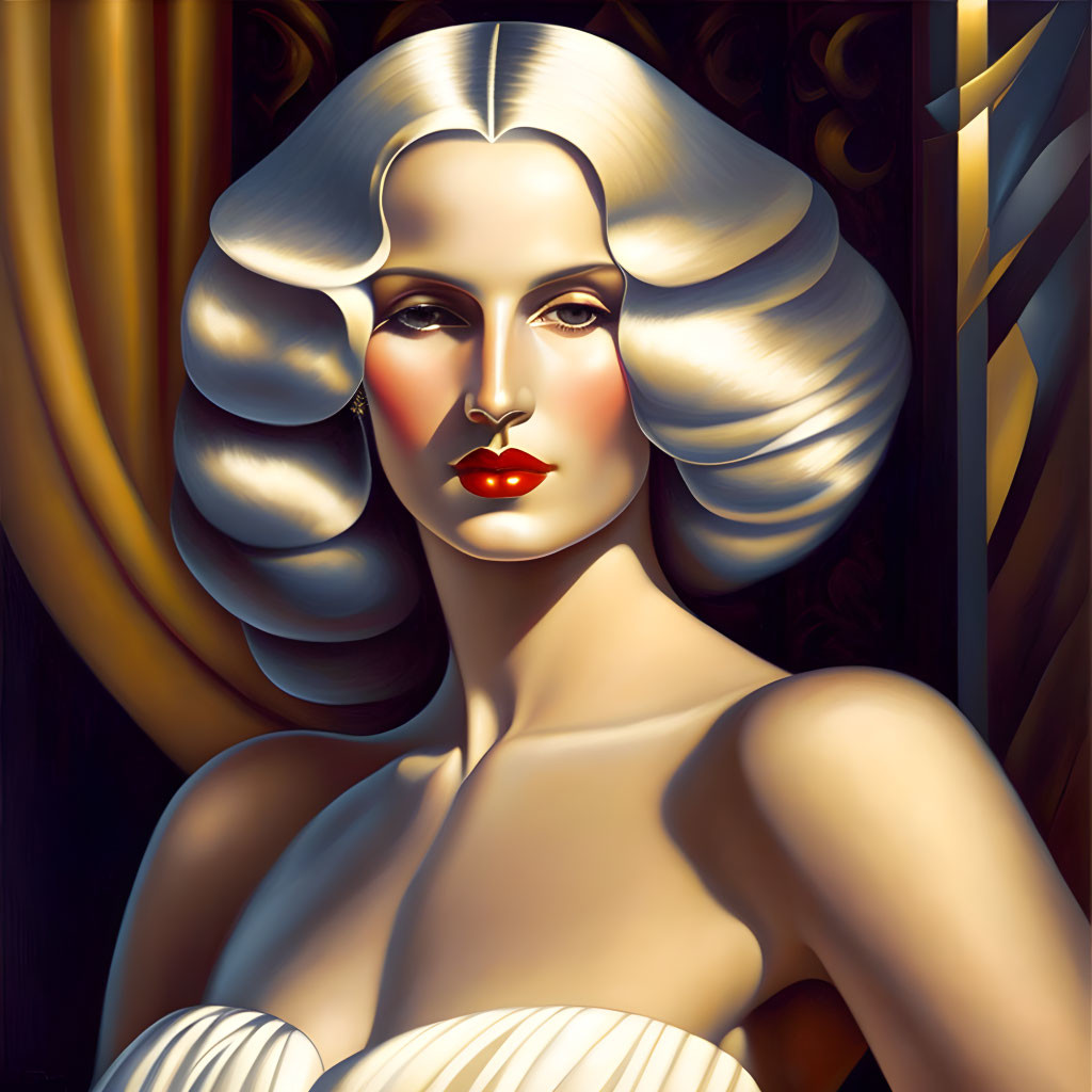 Art Deco style illustration of a woman with wavy hair and red lips in white dress