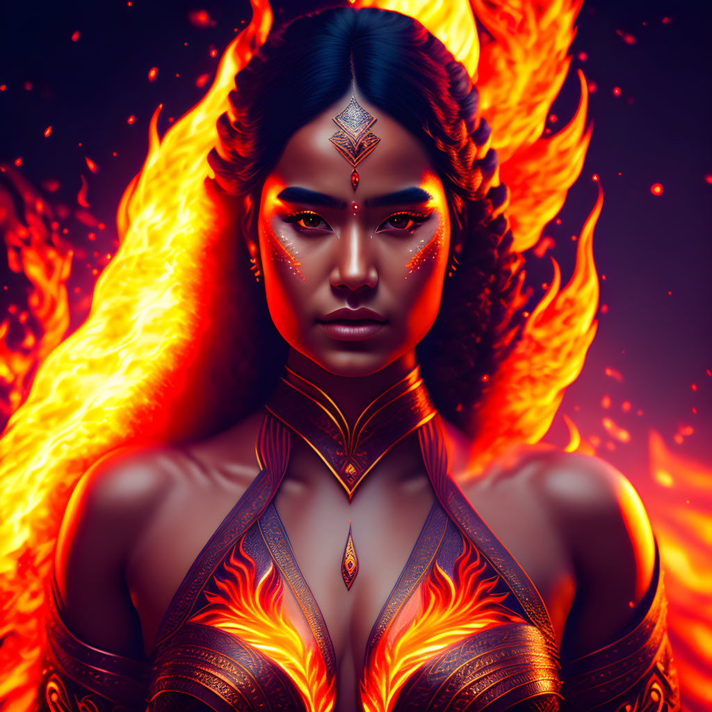Mystical woman with glowing eyes and golden face markings in fiery wings