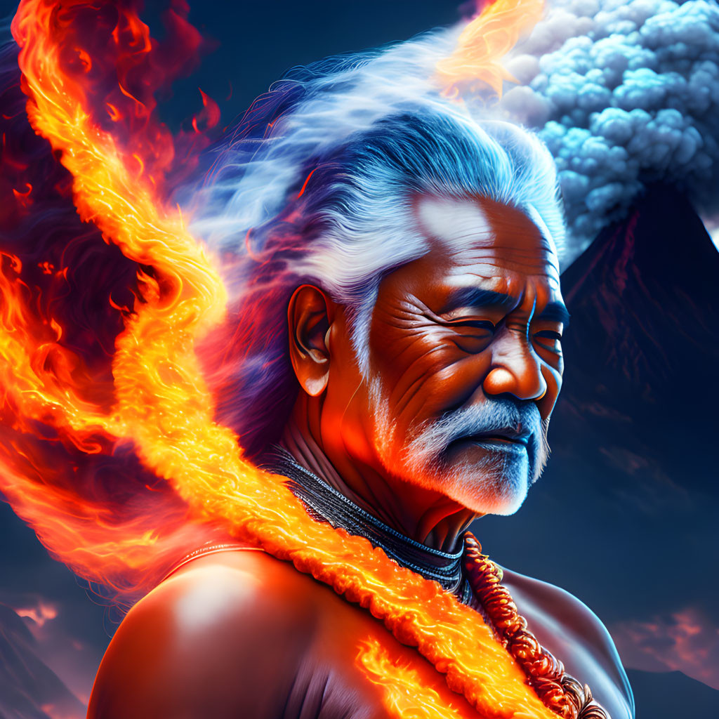 Elder Man Illustration: Calm Expression Amid Volcanic Eruption