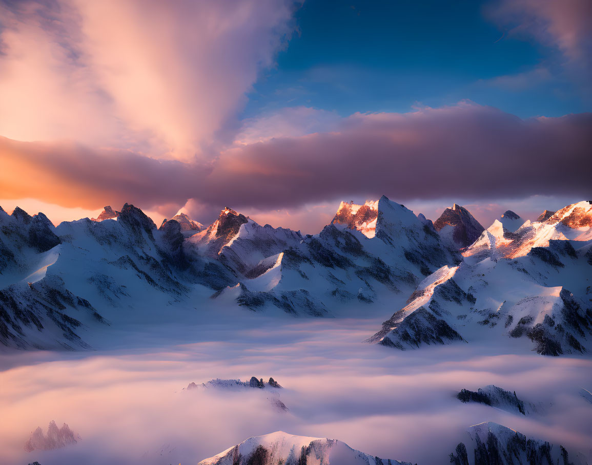 Snow-covered alpine peaks at sunrise with clouds and pastel sky