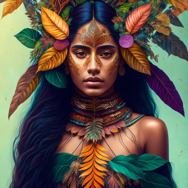 Woman with vibrant leaf face paint and feather headdress
