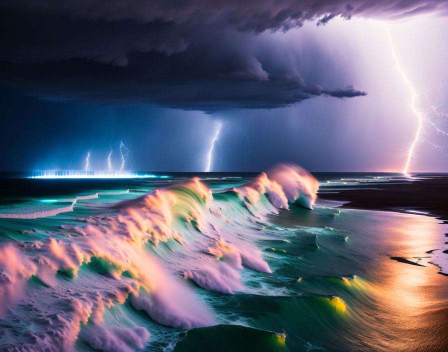 Vibrant illuminated waves in dramatic stormy seascape