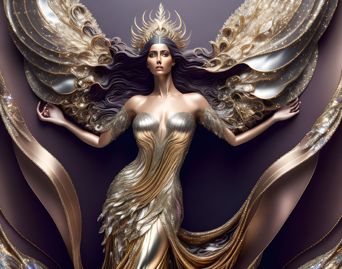 Ornate gold wings and metallic gown on majestic woman