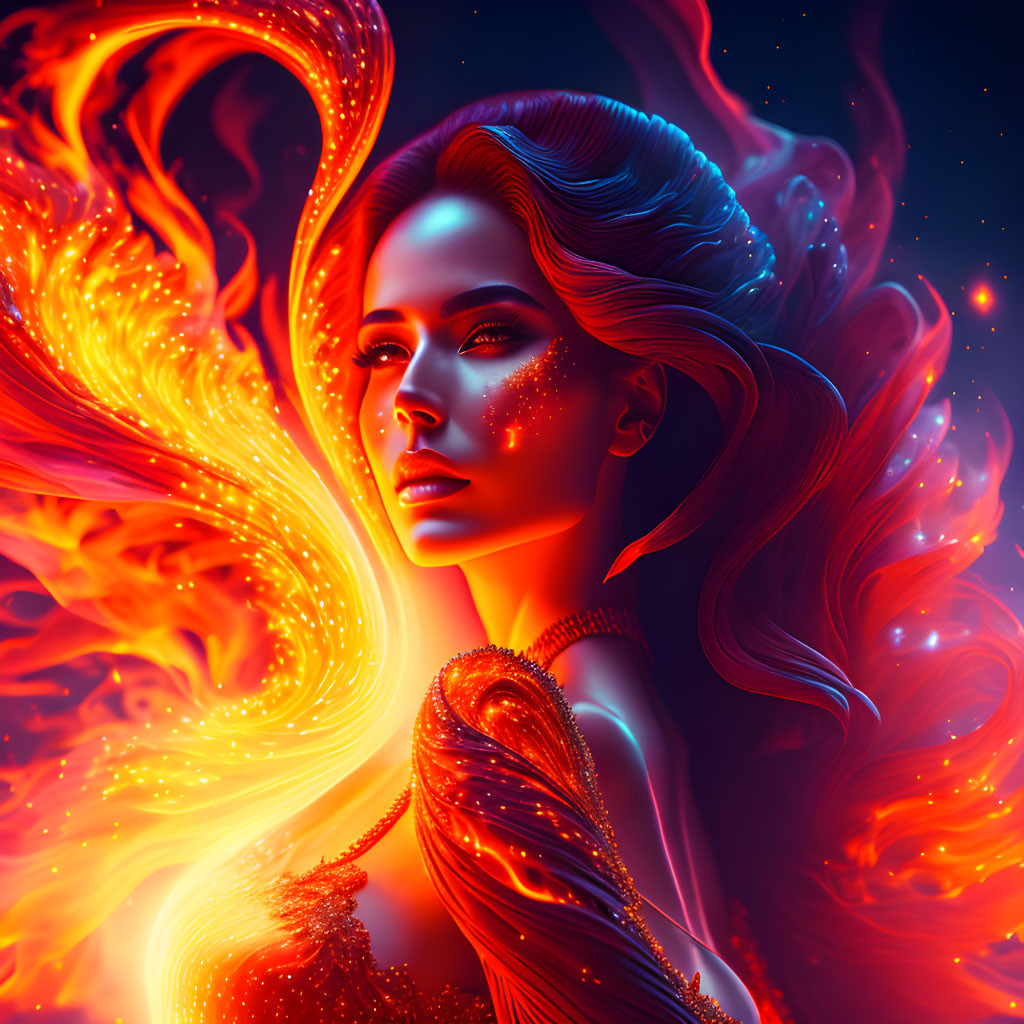 Digital Art: Woman with Fiery Wings on Blue Background