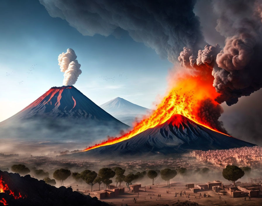 Simultaneous Eruption of Two Volcanoes at Twilight
