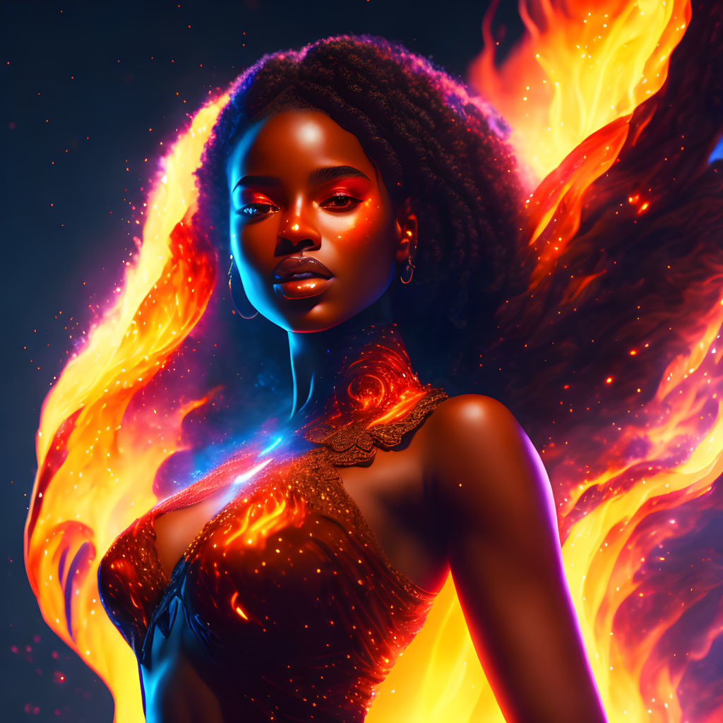 Dark-skinned woman with fiery phoenix wings on dark background