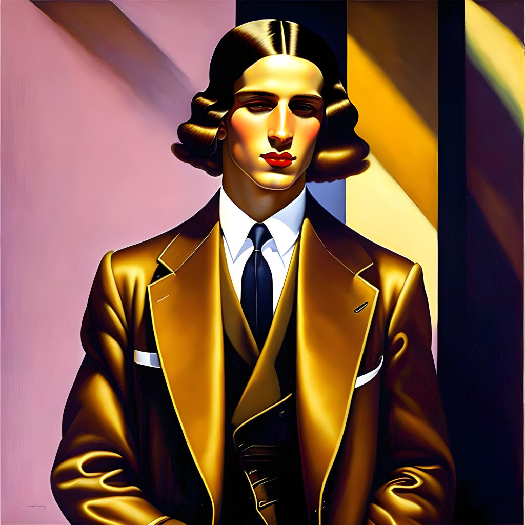 Art Deco Style Painting of Person in Brown Suit Against Geometric Background