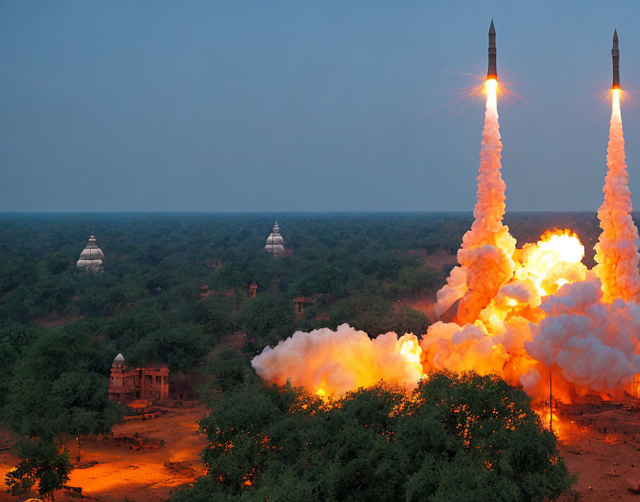Twin rocket launch near ancient temples at dusk