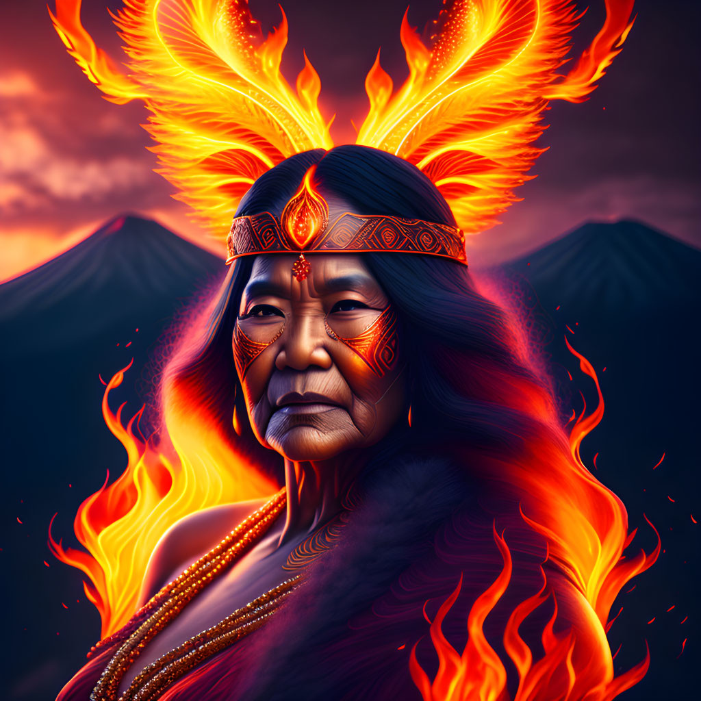 Elderly individual with face paint in fiery plumage headdress against mountain backdrop