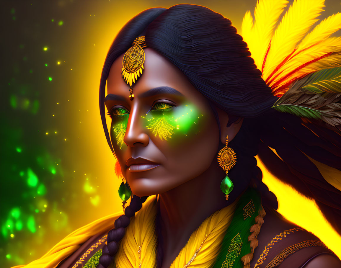 Digital artwork: Indigenous woman with feather headdress and gold jewelry on abstract green and yellow background