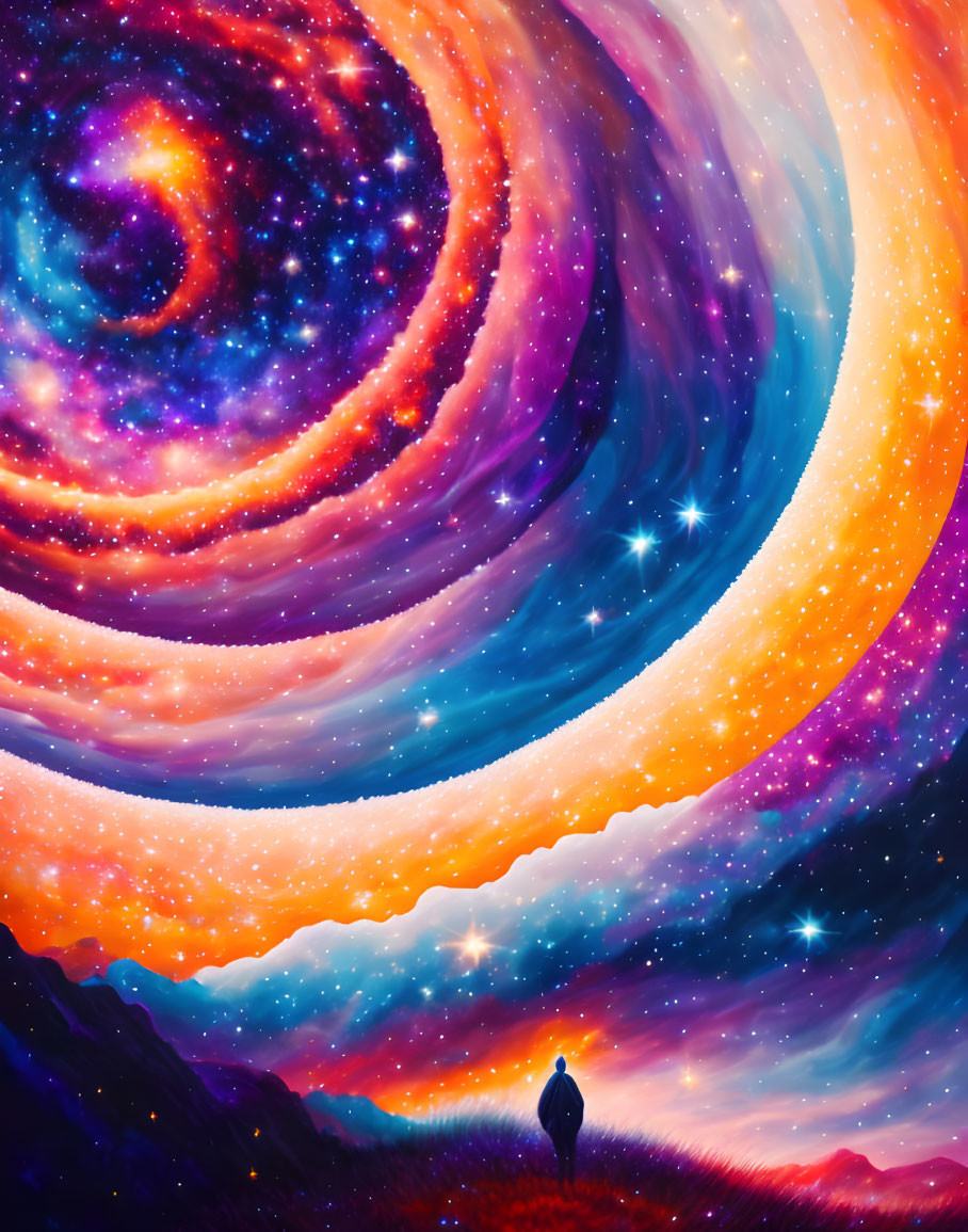 Person admires vibrant galaxy swirl in night sky