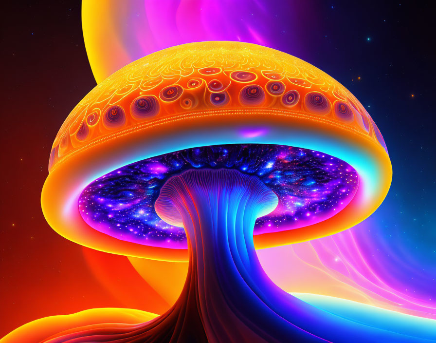 Neon-colored digital artwork of galactic mushroom structure