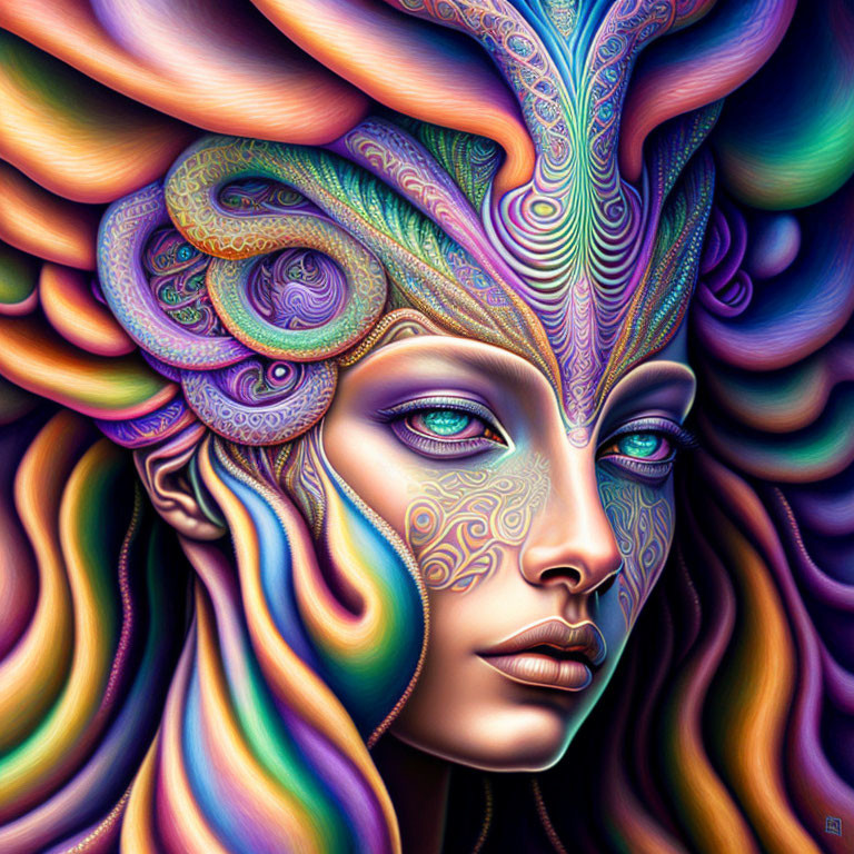 Vibrant psychedelic portrait of a woman with intricate patterns