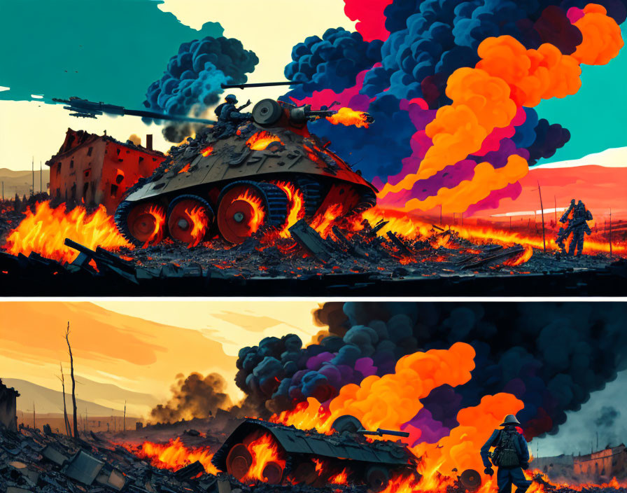 Illustration of battle scene with exploding tank and lone soldier amid fiery debris