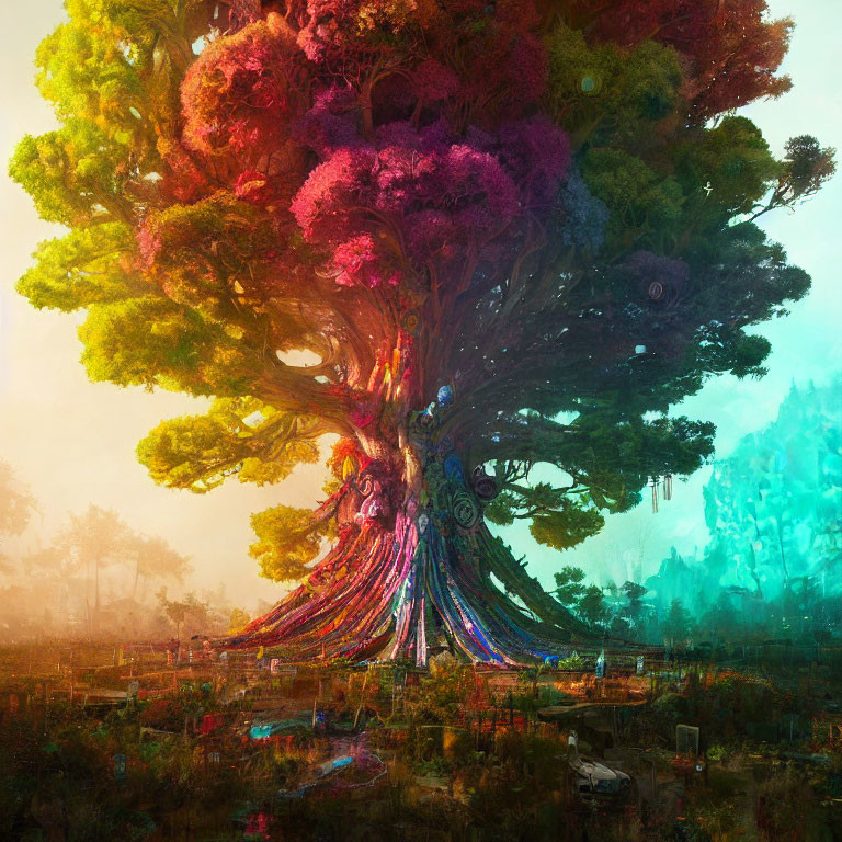 Colorful rainbow tree in mystical enchanted forest