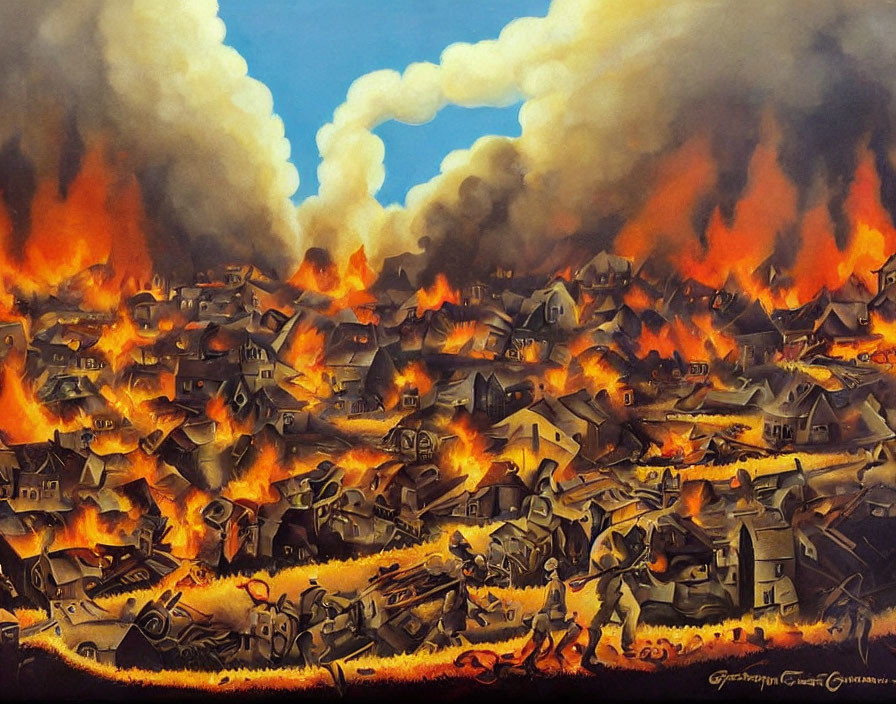 Dramatic painting of a village consumed by flames