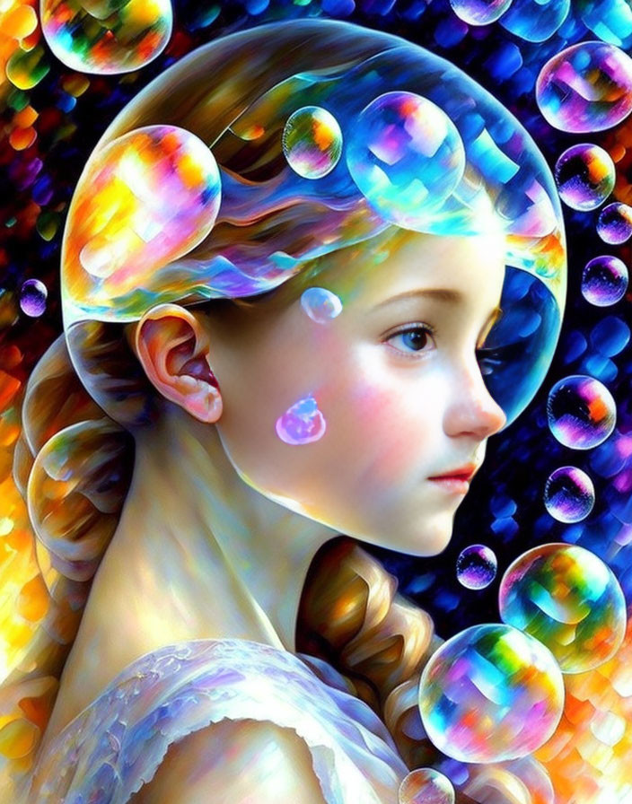Digital artwork: Young girl with braided hair in colorful soap bubble surroundings