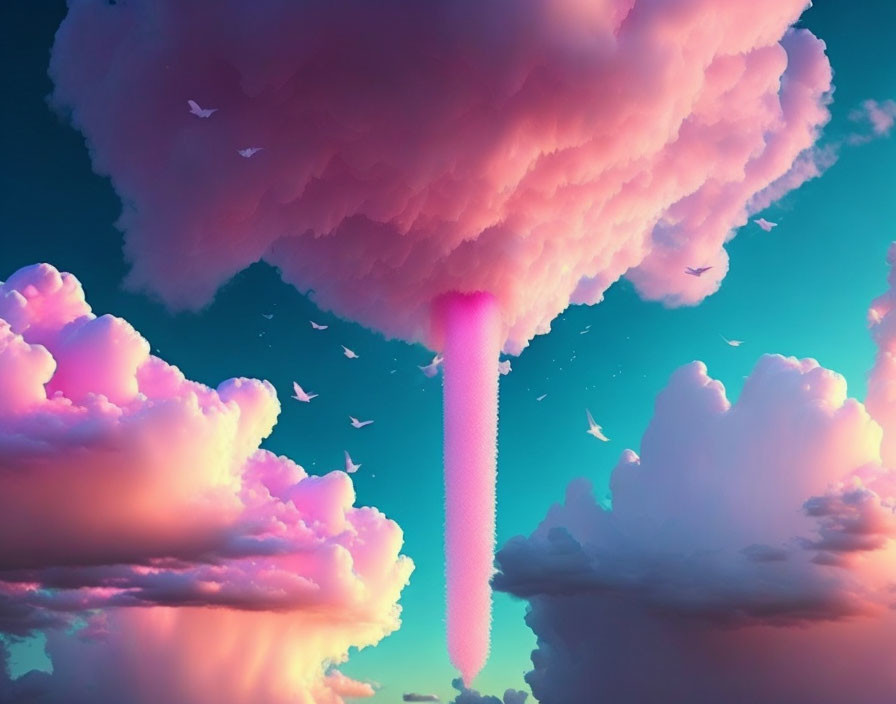 Pink Clouds and Birds in Vibrant Sky Scene